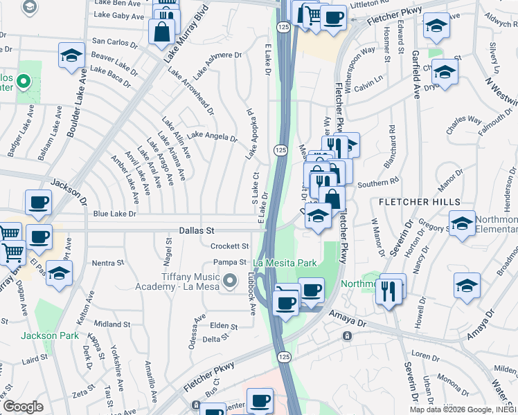 map of restaurants, bars, coffee shops, grocery stores, and more near 8801 Blue Lake Drive in San Diego