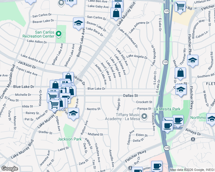 map of restaurants, bars, coffee shops, grocery stores, and more near 8517 Blue Lake Drive in San Diego