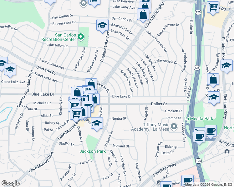 map of restaurants, bars, coffee shops, grocery stores, and more near 8457 Blue Lake Drive in San Diego