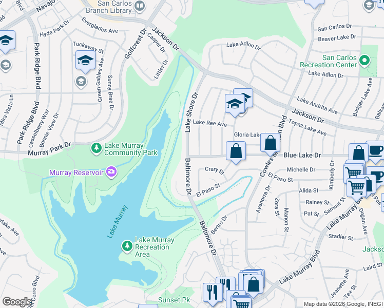 map of restaurants, bars, coffee shops, grocery stores, and more near 6193 Baltimore Drive in La Mesa