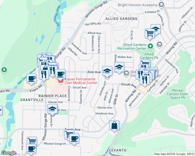 map of restaurants, bars, coffee shops, grocery stores, and more near 6511 Clara Lee Avenue in San Diego