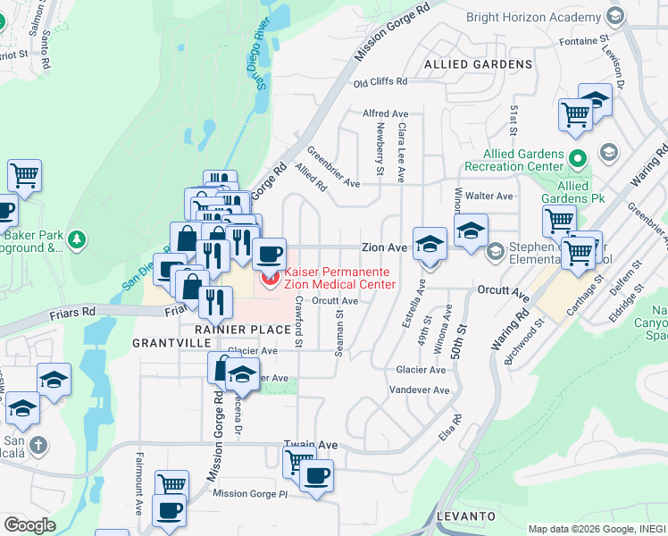 map of restaurants, bars, coffee shops, grocery stores, and more near 6525 Seaman Street in San Diego
