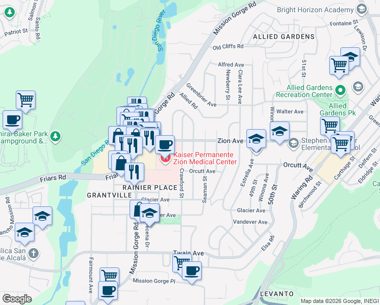 map of restaurants, bars, coffee shops, grocery stores, and more near 6526 Burgundy Street in San Diego