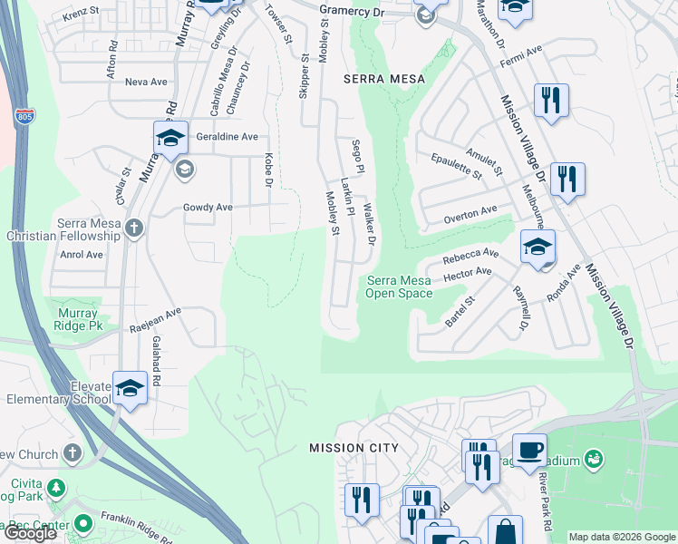 map of restaurants, bars, coffee shops, grocery stores, and more near 2634 Mobley Street in San Diego