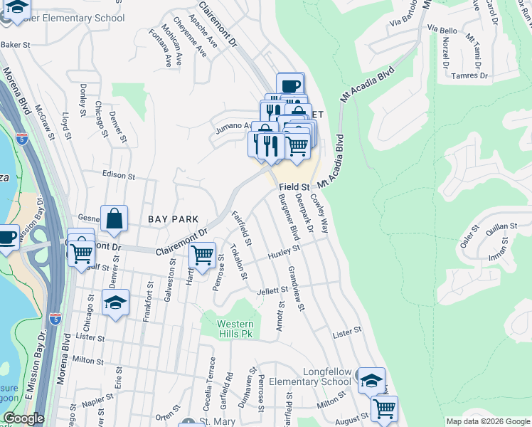 map of restaurants, bars, coffee shops, grocery stores, and more near 2832 Arnott Street in San Diego