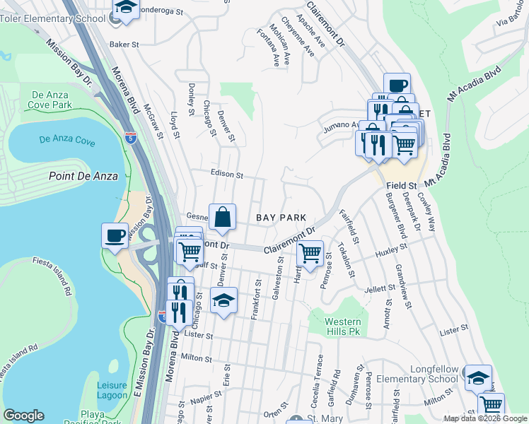 map of restaurants, bars, coffee shops, grocery stores, and more near 2805 Fallbrook Lane in San Diego