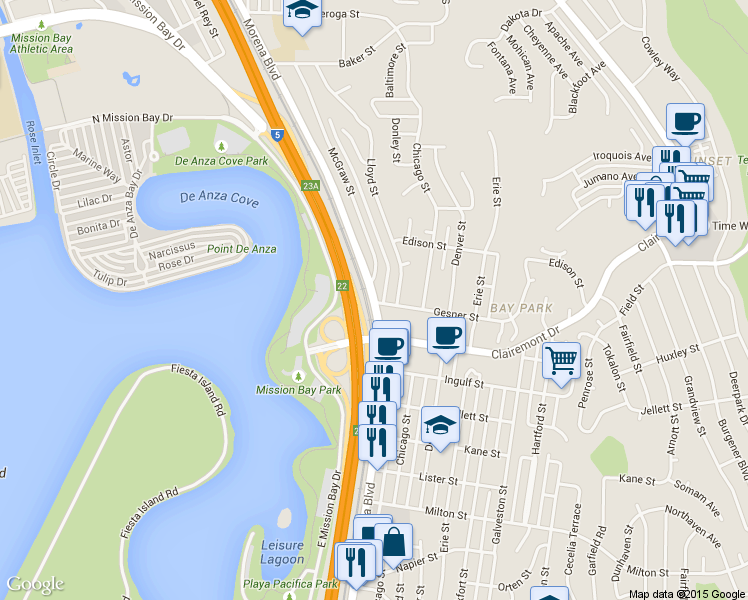 map of restaurants, bars, coffee shops, grocery stores, and more near El Camino Real in San Diego