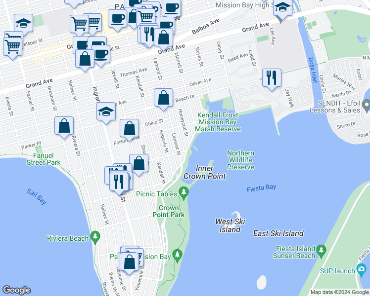 map of restaurants, bars, coffee shops, grocery stores, and more near in San Diego