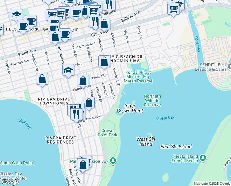 map of restaurants, bars, coffee shops, grocery stores, and more near in San Diego