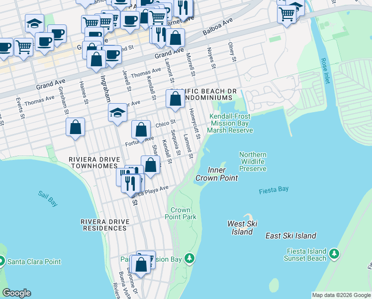 map of restaurants, bars, coffee shops, grocery stores, and more near in San Diego