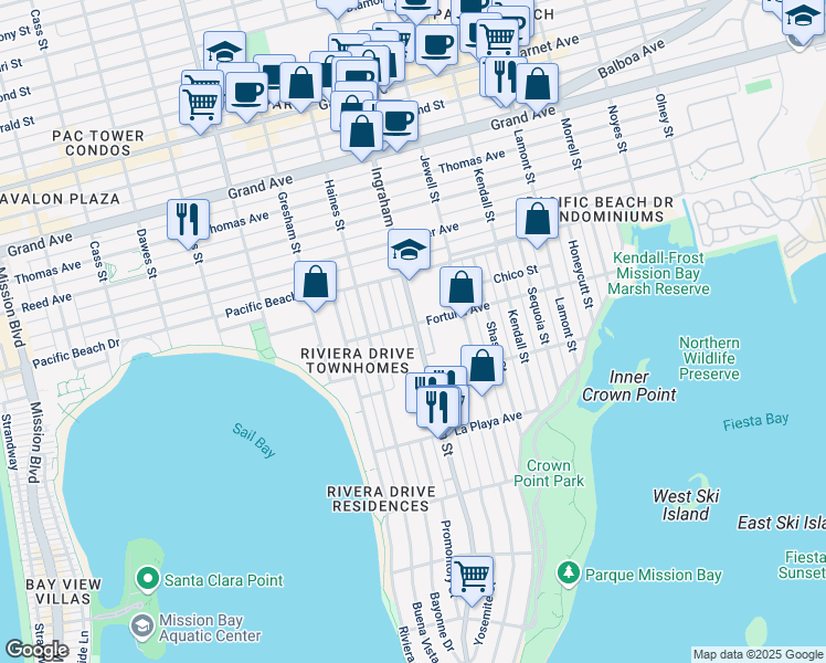 map of restaurants, bars, coffee shops, grocery stores, and more near 3940 Ingraham Street in San Diego
