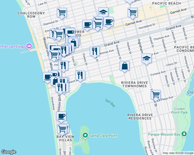 map of restaurants, bars, coffee shops, grocery stores, and more near 1111 Pacific Beach Drive in San Diego