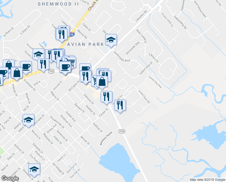 map of restaurants, bars, coffee shops, grocery stores, and more near North Point Lane in Mount Pleasant