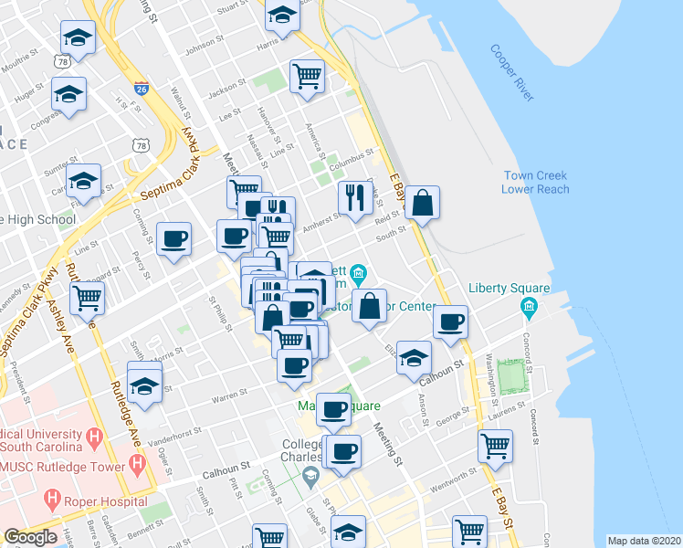 map of restaurants, bars, coffee shops, grocery stores, and more near 48 Elizabeth Street in Charleston