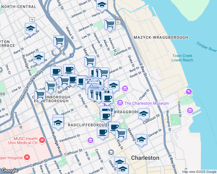 map of restaurants, bars, coffee shops, grocery stores, and more near in Charleston