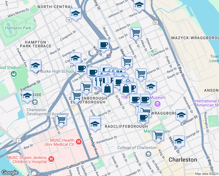 map of restaurants, bars, coffee shops, grocery stores, and more near 15 Brewster Court in Charleston