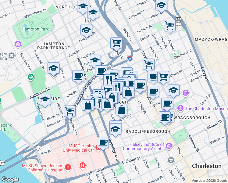 map of restaurants, bars, coffee shops, grocery stores, and more near 1 Ashe Street in Charleston