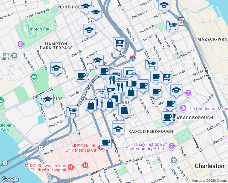map of restaurants, bars, coffee shops, grocery stores, and more near 1 Ashe Street in Charleston