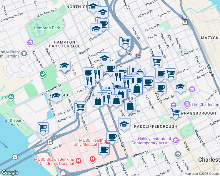 map of restaurants, bars, coffee shops, grocery stores, and more near 2 Peecksens Court in Charleston