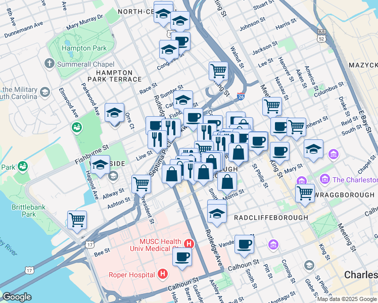 map of restaurants, bars, coffee shops, grocery stores, and more near 2 Peecksens Court in Charleston