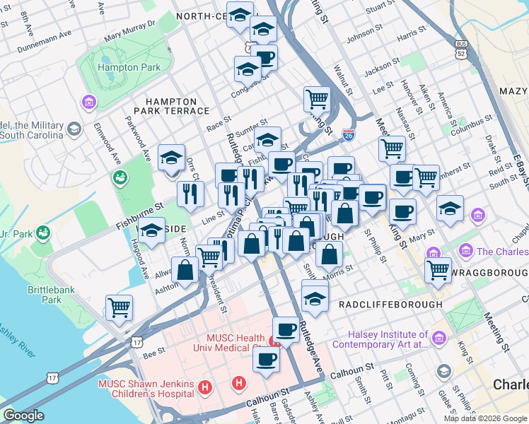 map of restaurants, bars, coffee shops, grocery stores, and more near in Charleston