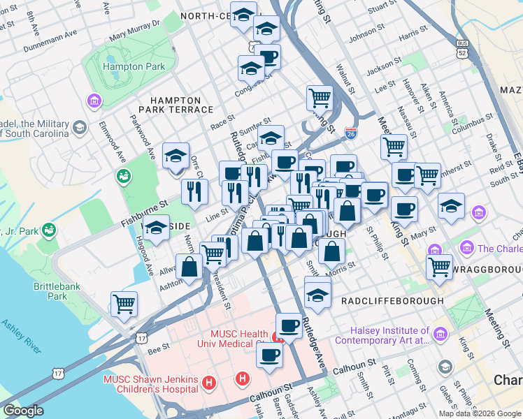 map of restaurants, bars, coffee shops, grocery stores, and more near in Charleston