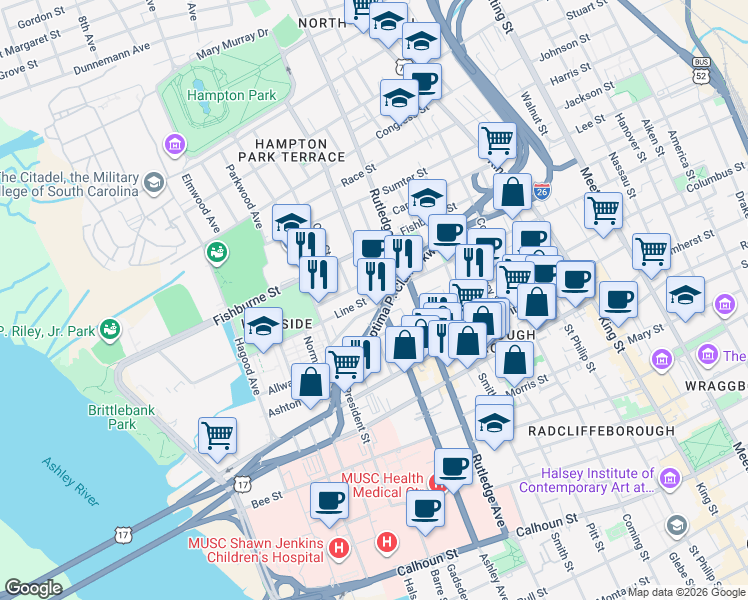 map of restaurants, bars, coffee shops, grocery stores, and more near 27 Kennedy Street in Charleston