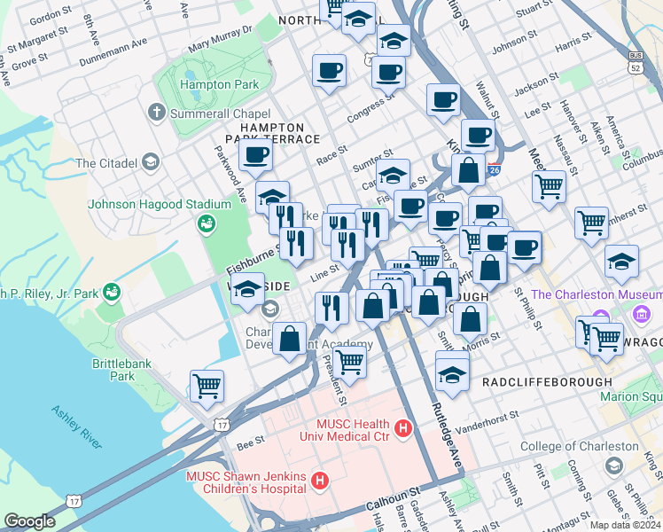 map of restaurants, bars, coffee shops, grocery stores, and more near 27 Kennedy Street in Charleston