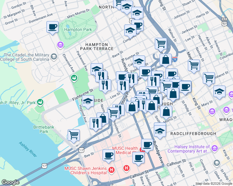 map of restaurants, bars, coffee shops, grocery stores, and more near 203 Line Street in Charleston