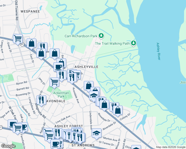 map of restaurants, bars, coffee shops, grocery stores, and more near 811 Burger Street in Charleston