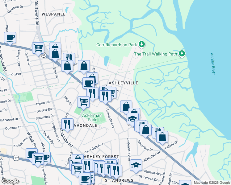 map of restaurants, bars, coffee shops, grocery stores, and more near 849 Tripe Street in Charleston