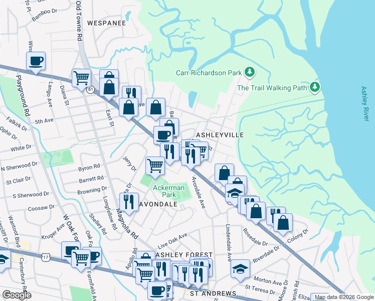 map of restaurants, bars, coffee shops, grocery stores, and more near 840 Saint Andrews Boulevard in Charleston