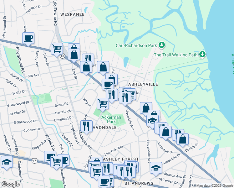 map of restaurants, bars, coffee shops, grocery stores, and more near 840 Saint Andrews Boulevard in Charleston