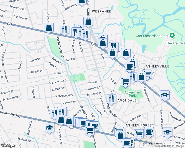map of restaurants, bars, coffee shops, grocery stores, and more near 829 Symmes Drive in Charleston