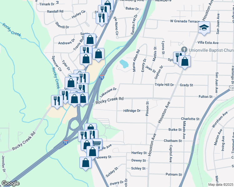 map of restaurants, bars, coffee shops, grocery stores, and more near 1321 Rocky Creek Road in Macon