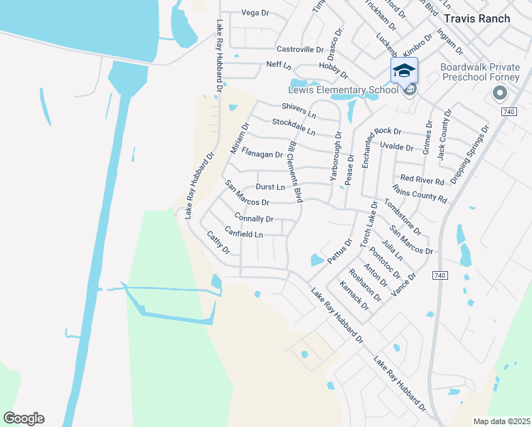 map of restaurants, bars, coffee shops, grocery stores, and more near 5449 Connally Drive in Forney