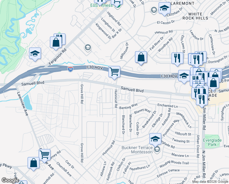 map of restaurants, bars, coffee shops, grocery stores, and more near 7450 Hunnicut Road in Dallas