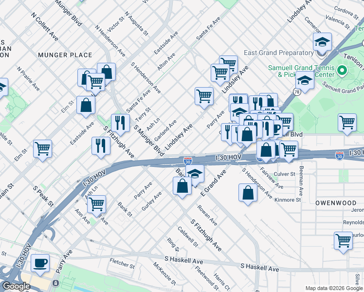 map of restaurants, bars, coffee shops, grocery stores, and more near 5114 Parry Avenue in Dallas