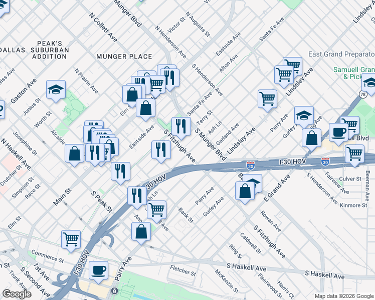 map of restaurants, bars, coffee shops, grocery stores, and more near 4827 Ash Lane in Dallas