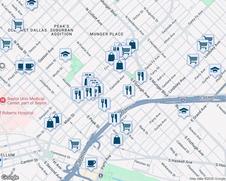 map of restaurants, bars, coffee shops, grocery stores, and more near 4600 Eastside Avenue in Dallas