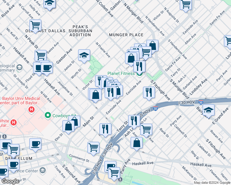 map of restaurants, bars, coffee shops, grocery stores, and more near 8 Main Place in Dallas
