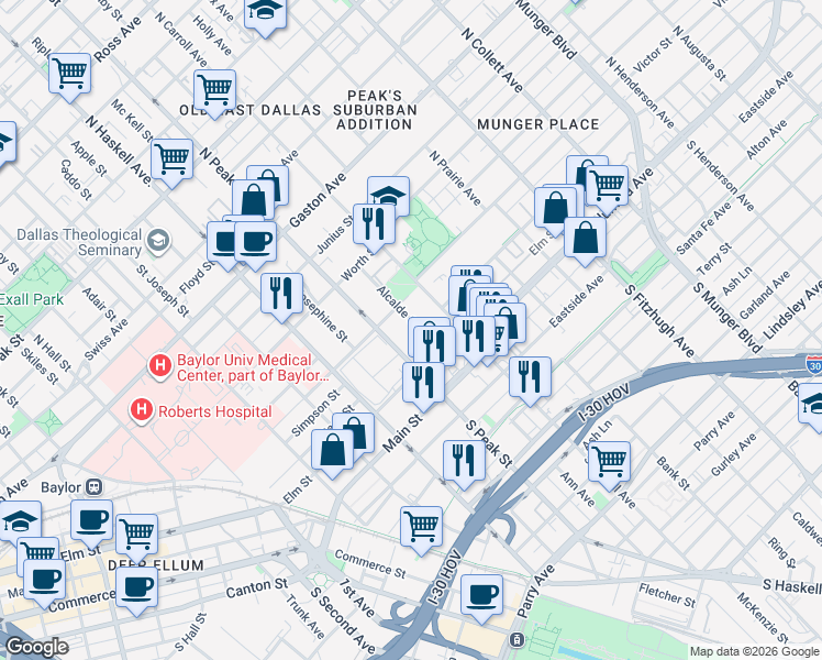 map of restaurants, bars, coffee shops, grocery stores, and more near 4325 Elm Street in Dallas