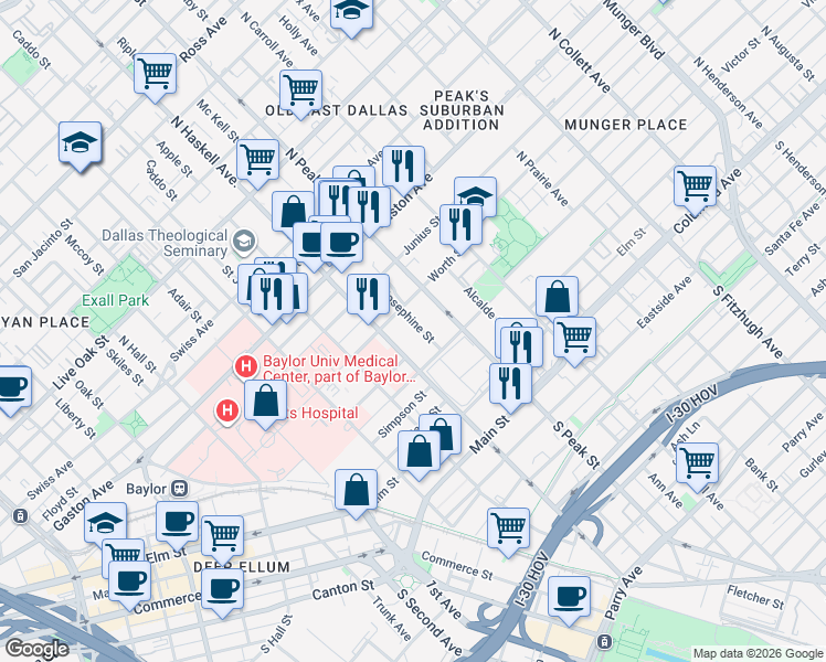 map of restaurants, bars, coffee shops, grocery stores, and more near in Dallas