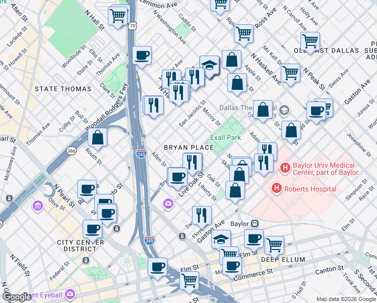 map of restaurants, bars, coffee shops, grocery stores, and more near 3030 Bryan Street in Dallas
