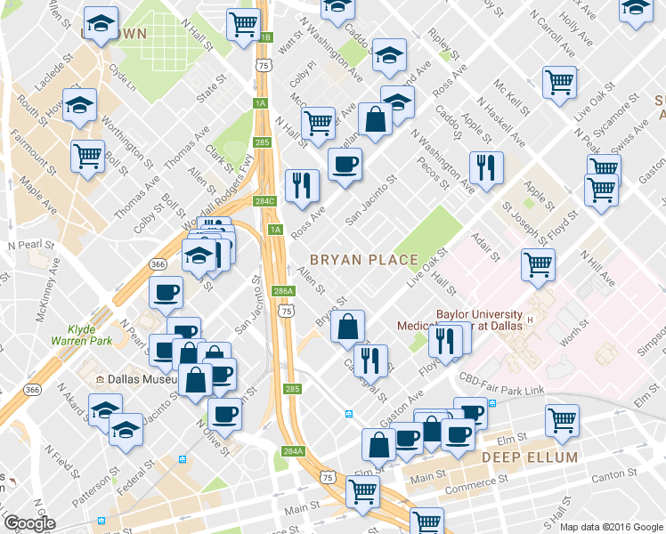 map of restaurants, bars, coffee shops, grocery stores, and more near 800 Liberty Street in Dallas