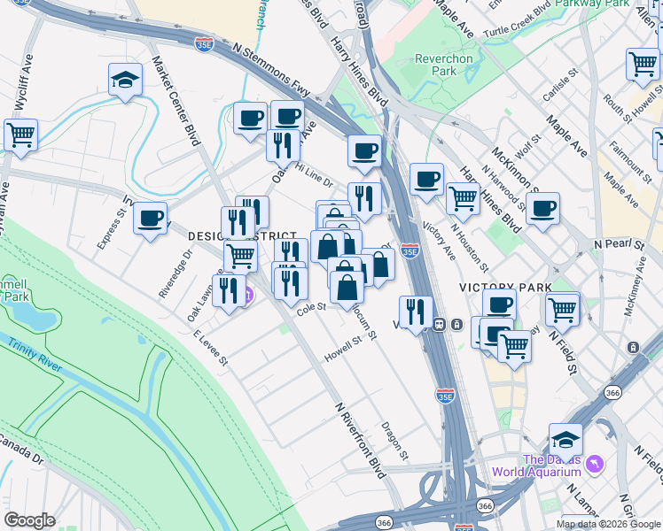 map of restaurants, bars, coffee shops, grocery stores, and more near 1501-1515 Inspiration Drive in Dallas