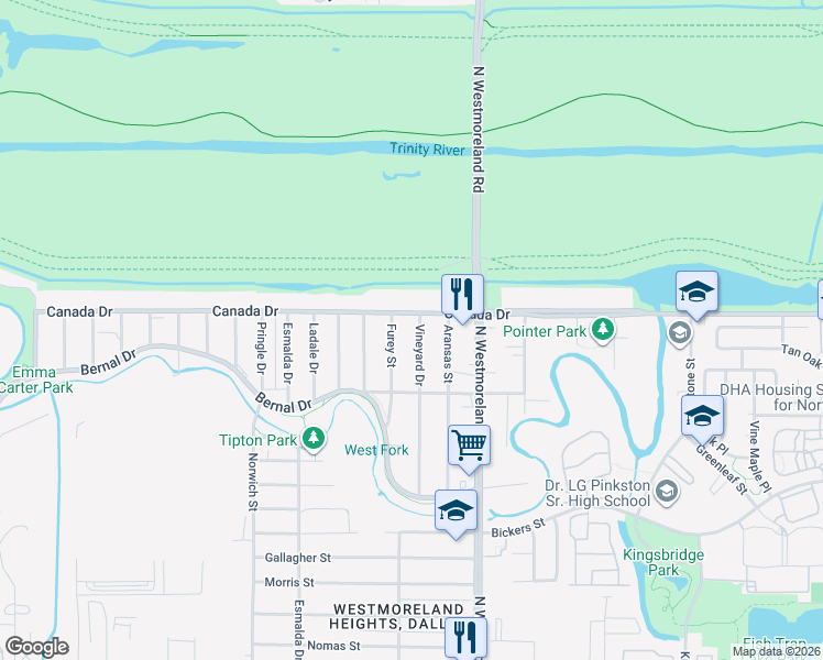 map of restaurants, bars, coffee shops, grocery stores, and more near 4106 Vineyard Drive in Dallas