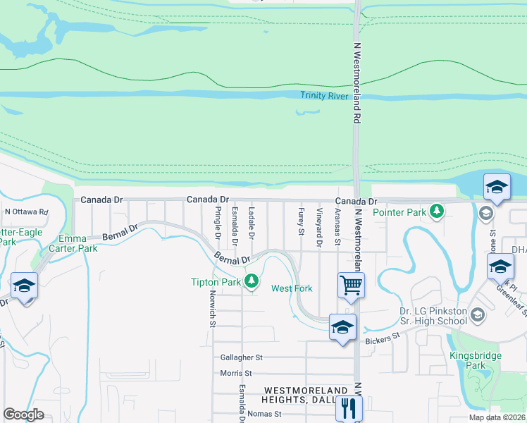 map of restaurants, bars, coffee shops, grocery stores, and more near 4102 Shadrack Drive in Dallas