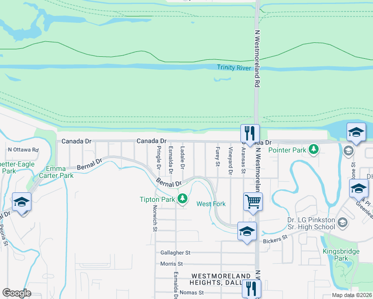 map of restaurants, bars, coffee shops, grocery stores, and more near 4103 Ladale Drive in Dallas