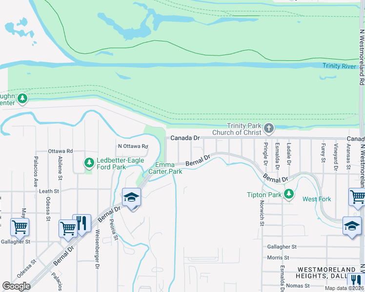 map of restaurants, bars, coffee shops, grocery stores, and more near 4116 Tram Drive in Dallas